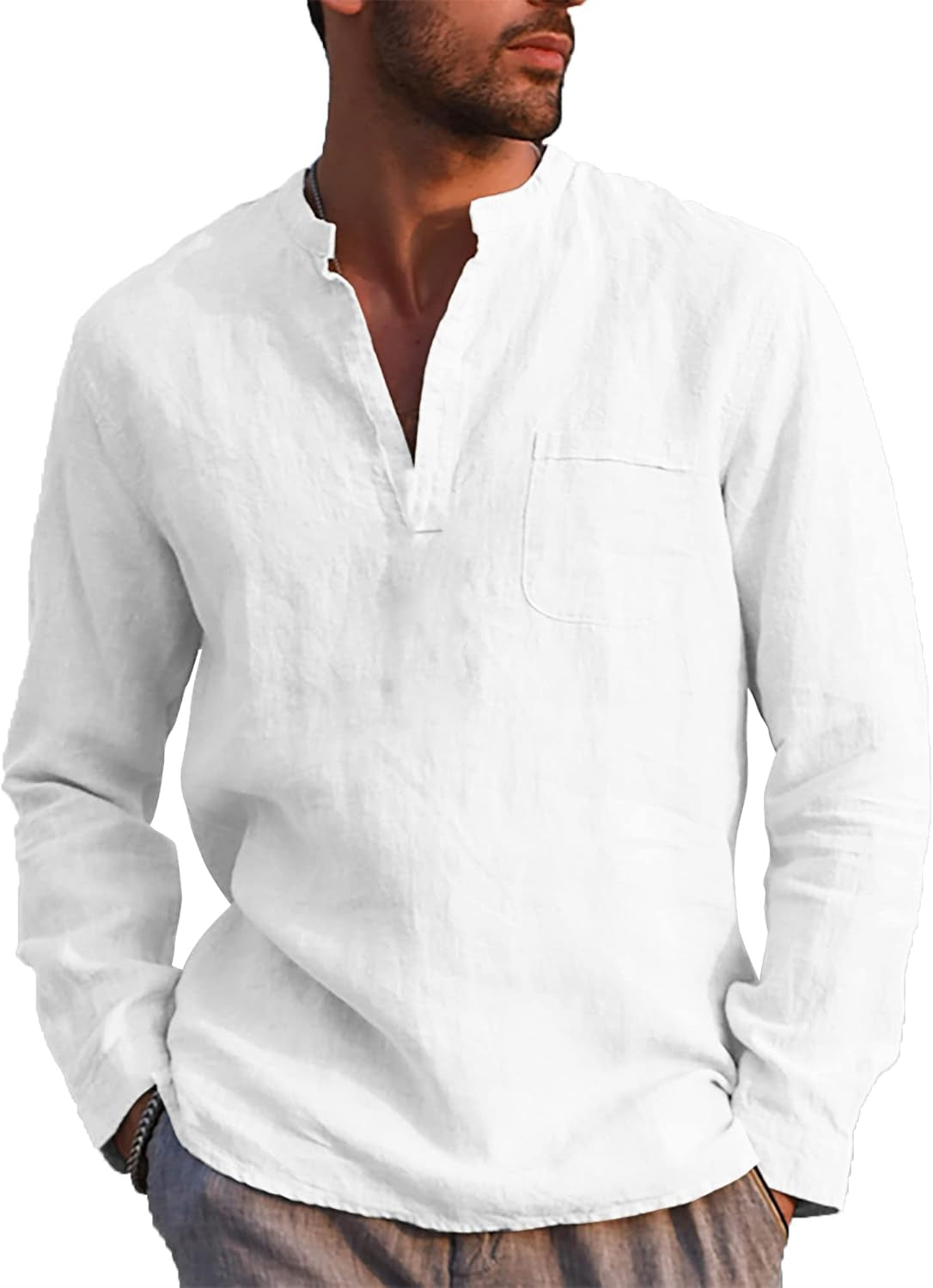 Mens V-Neck Linen Cotton Henley Shirt Casual Long Sleeve Shirt with Pocket