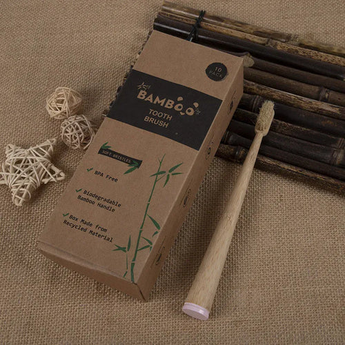 10 Pack Natural Bamboo Toothbrushes with Boar Bristles
