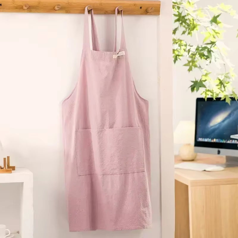 Women Japanese and Korean Simple Apron Denim Apron Cotton and Linen Solid Color Blouse Kitchen Florist Coffee Shop Apron