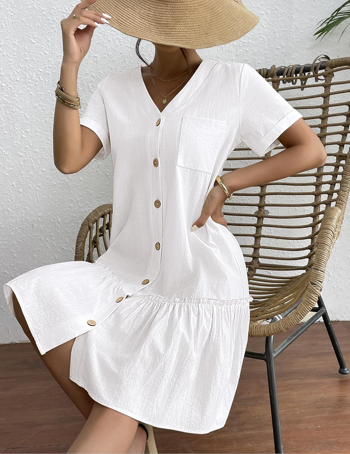 Women Button down Dress Loose Summer Cotton Linen Shirt Dress Ruffle Casual Tunic Dress