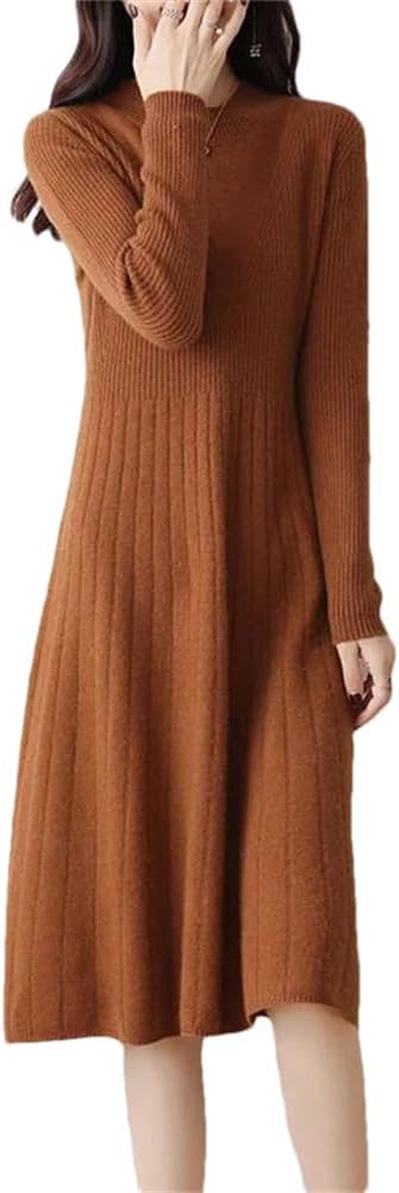 Women'S Merino Wool Dress Autumn and Winter Soft Slim round Neck Knitted Long Dress