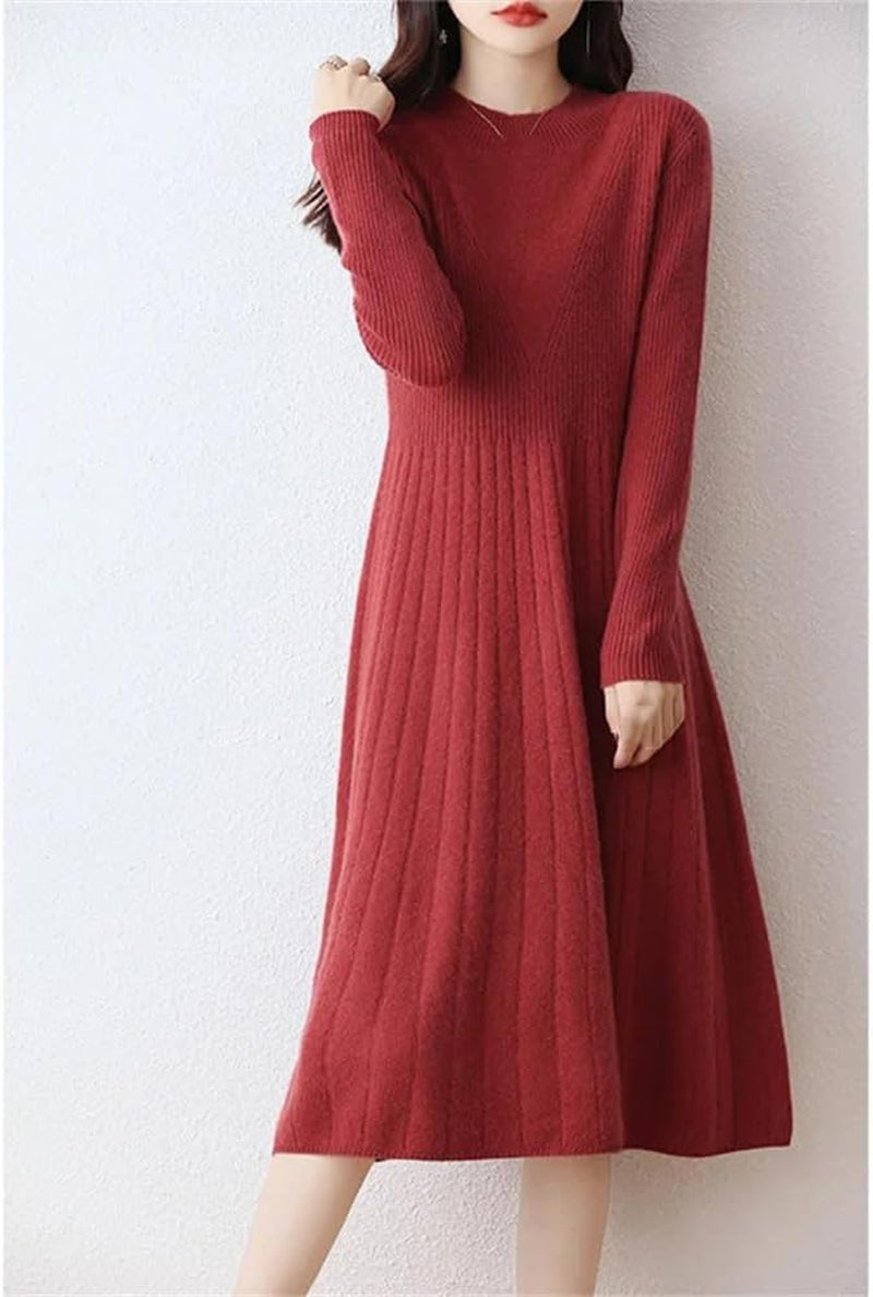 Women'S Merino Wool Dress Autumn and Winter Soft Slim round Neck Knitted Long Dress