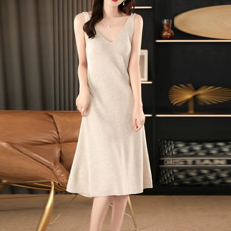 Women'S Strap Knit Dress 100% Merino Wool Tight V-Neck Strap Dress Fall/Winter Women'S Fashion Sexy inside Knee-Length Skirt