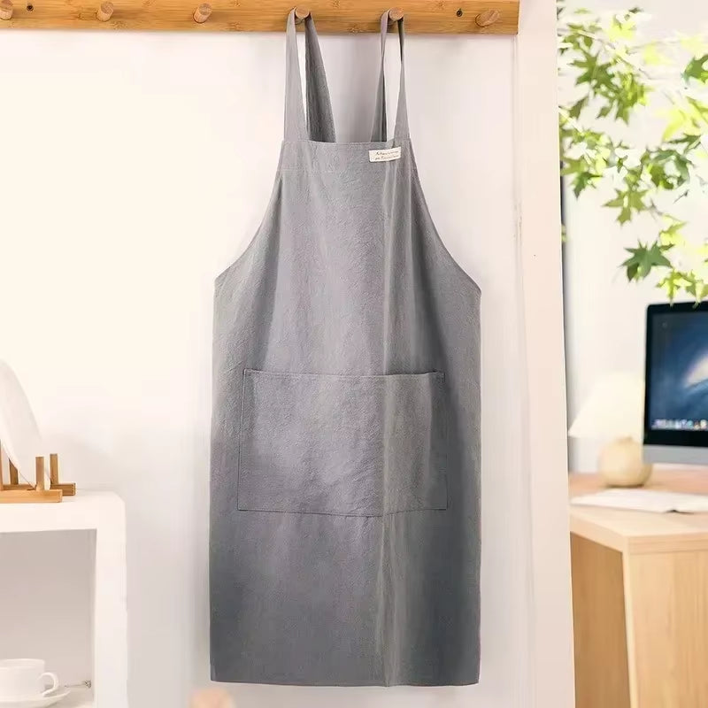 Women Japanese and Korean Simple Apron Denim Apron Cotton and Linen Solid Color Blouse Kitchen Florist Coffee Shop Apron