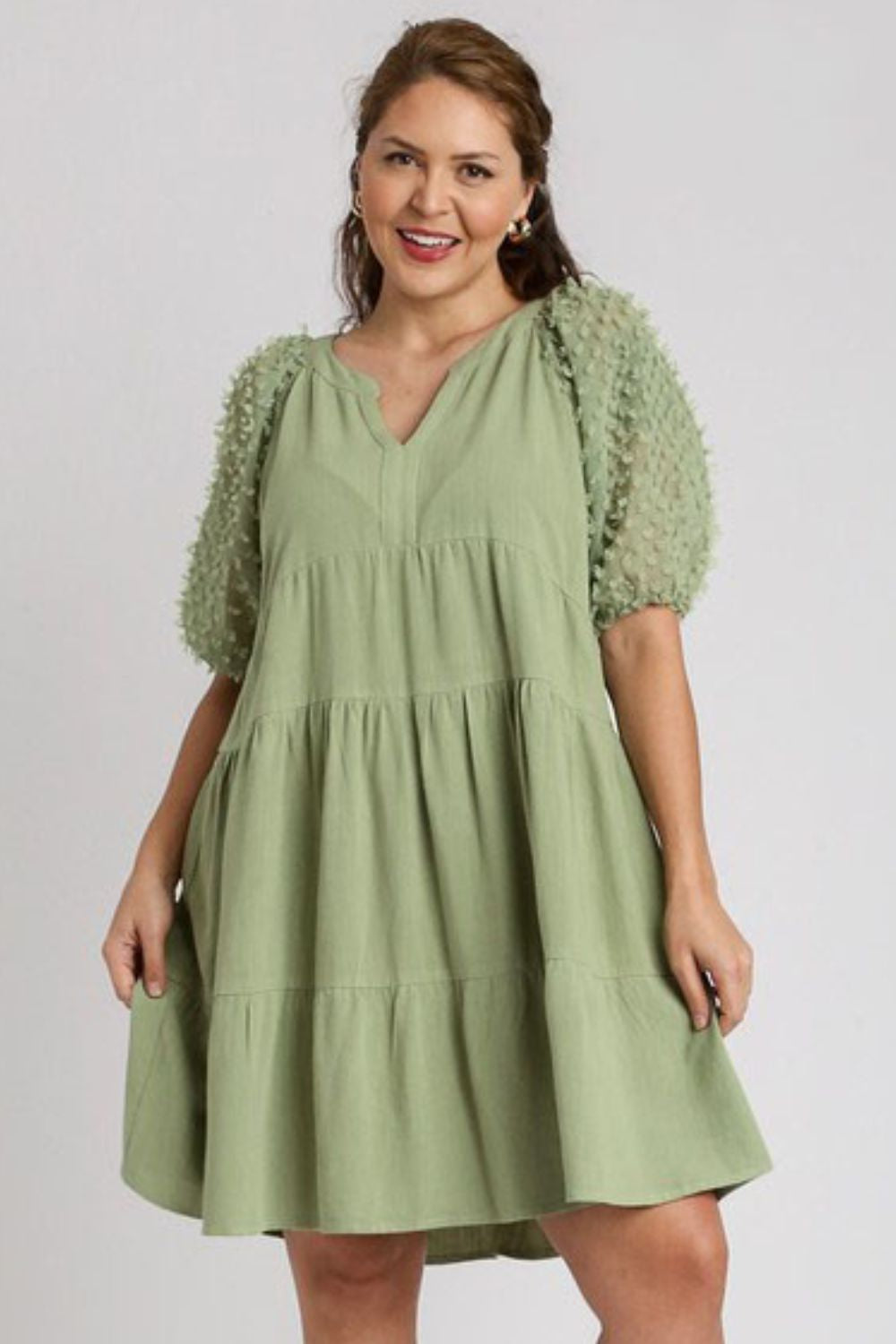 Umgee Full Size Linen Tiered A-Line Split Neck Dress plus Size