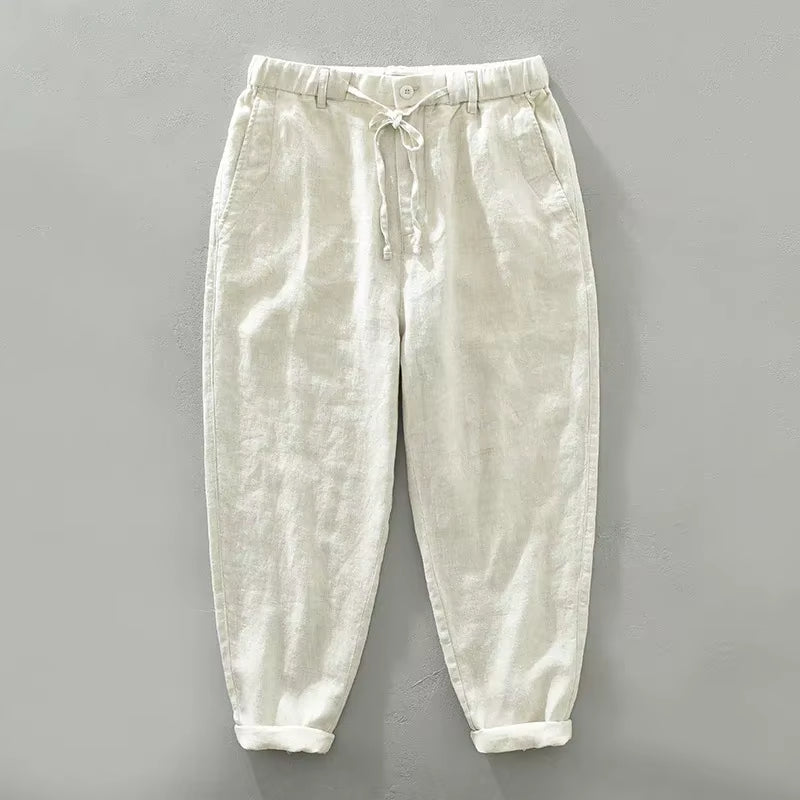 Spring Summer New Men Pure Linen Pants Breathable Cool Hemp Deawstring Fit Casual Trouser GC-1632