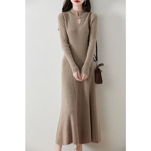 100% Wool Slim Fit Merino Dress Fish Tail Women'S Autumn Winter French Fashion Drawstring Solid Color Warm Soft Knitted Pullover