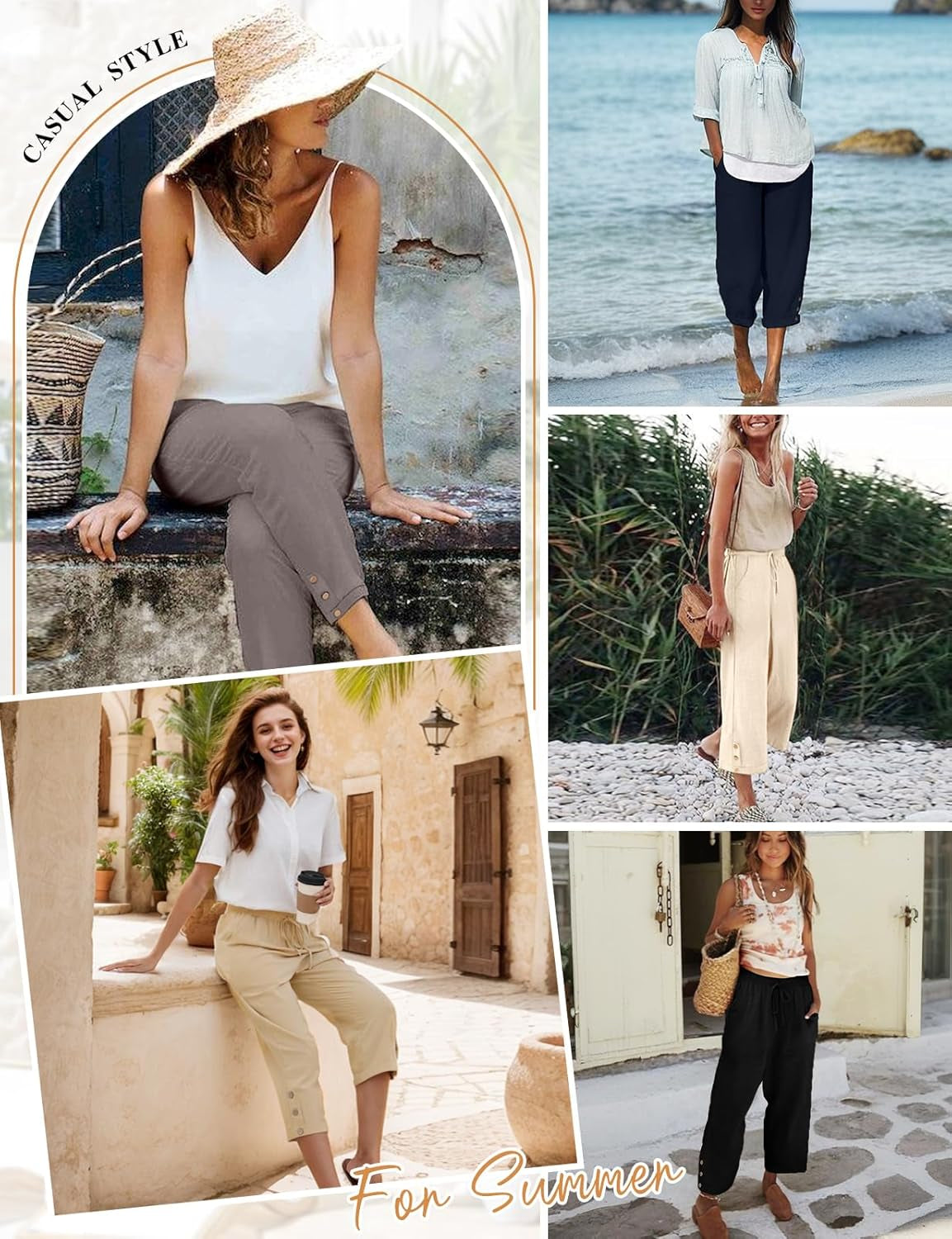 Womens Capris Pants High Waist Drawstring Cotton Casual Palazzo Trendy Lounge Beach Summer Trousers with Pockets