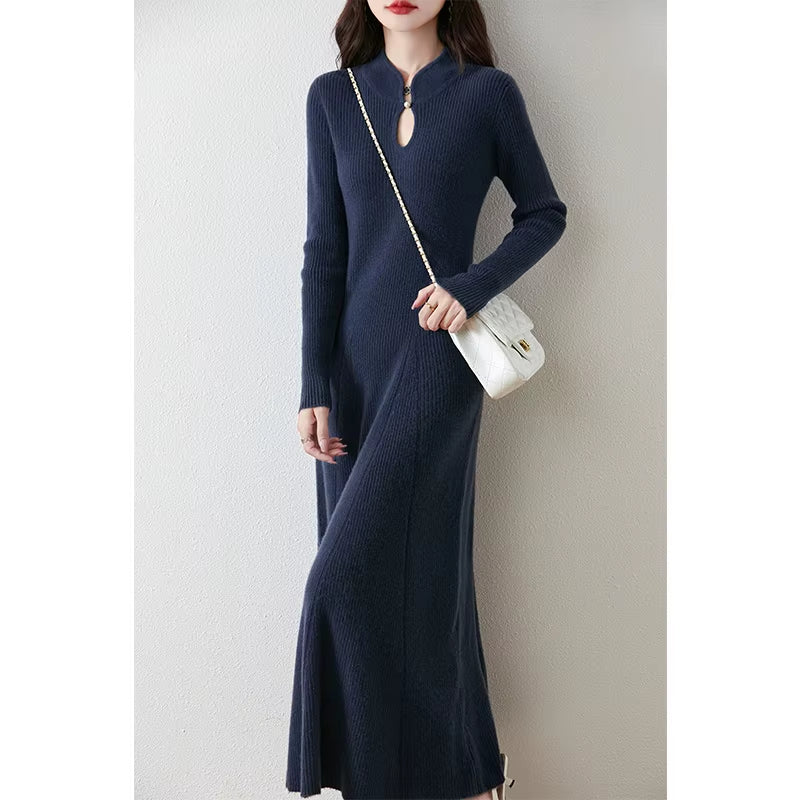 100% Wool Slim Fit Merino Dress Fish Tail Women'S Autumn Winter French Fashion Drawstring Solid Color Warm Soft Knitted Pullover