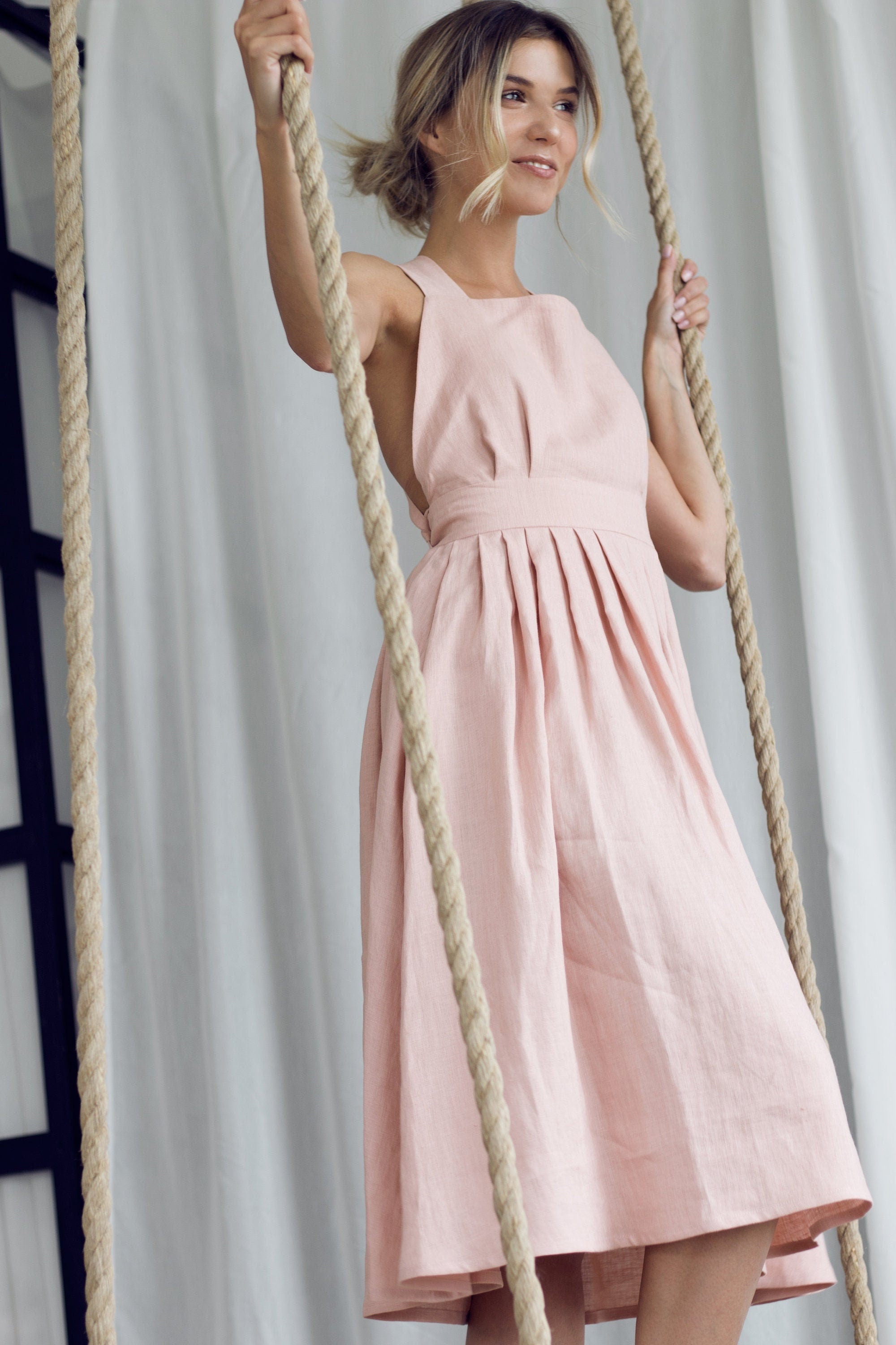 Linen Dress, Pinafore Dress, Linen Summer Dress, Wedding Guest Dress, Bridesmaid Dress, Midi Dress with Pockets, Cocktail Dress ADELAIDE