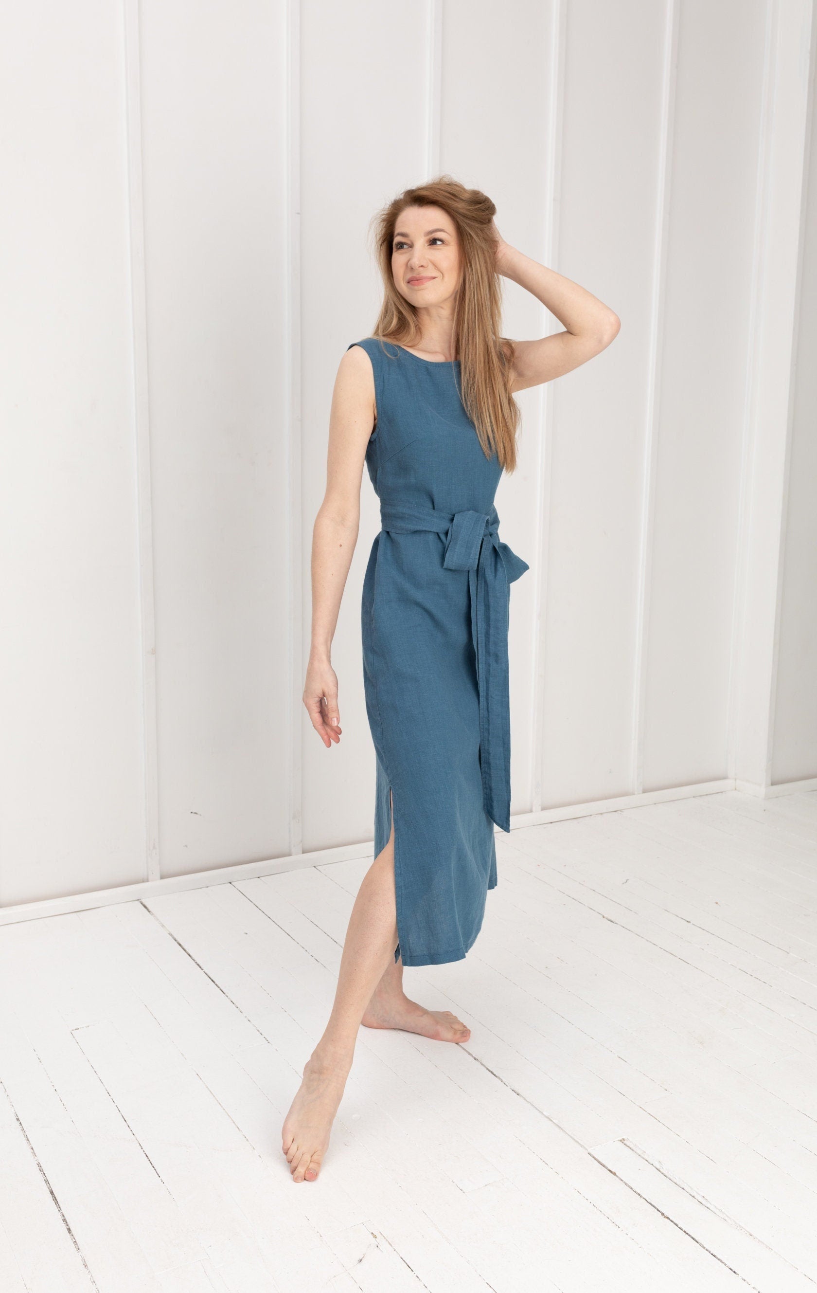 Long 100% Linen Wrap Dress/ 1206