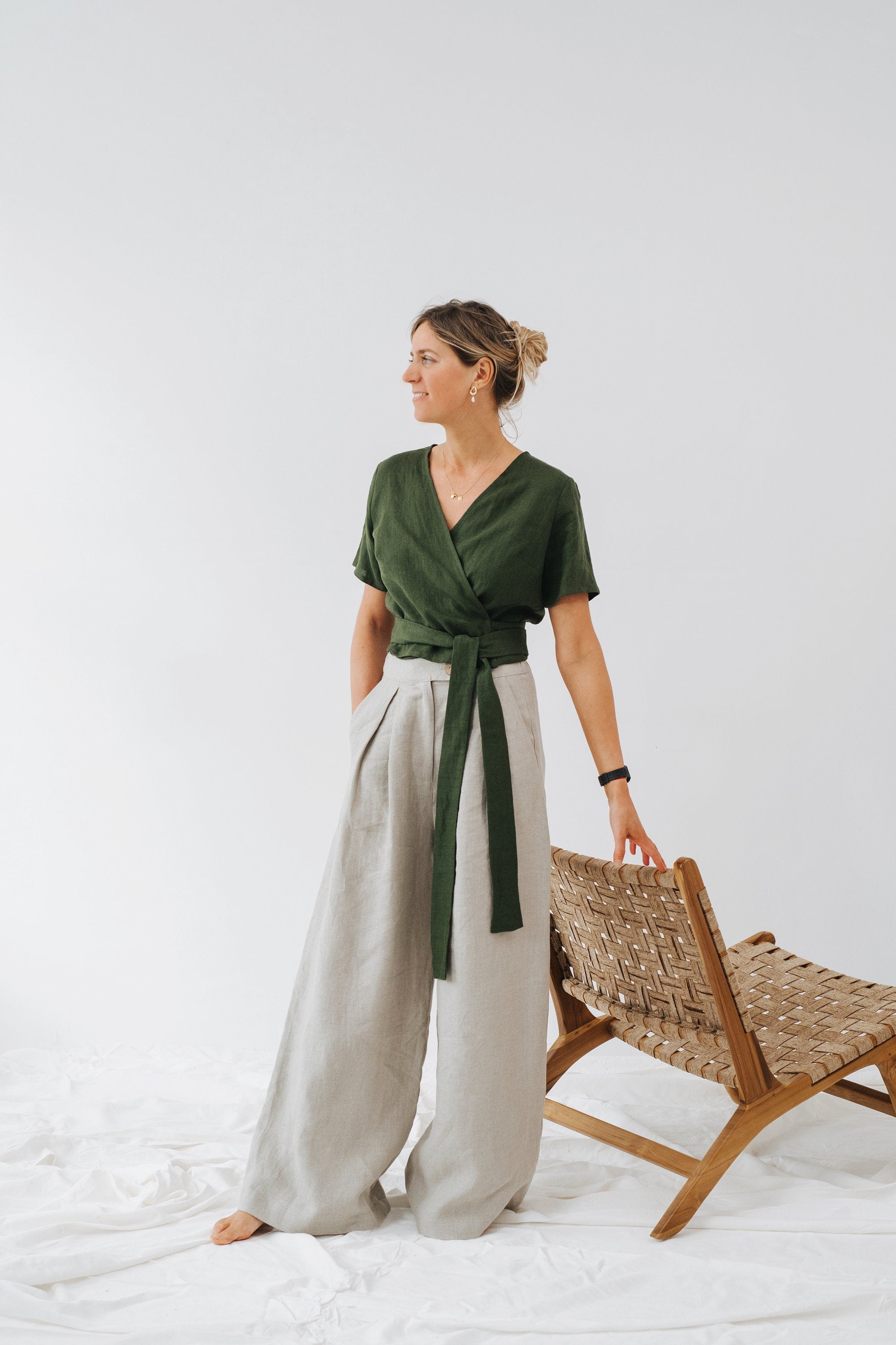 Elle Top - Wrap Linen Top - Summer Wrap Linen Top - Women Wrap Top - Green Linen Top - Short Sleeve Linen Top - Wedding Linen Blouse