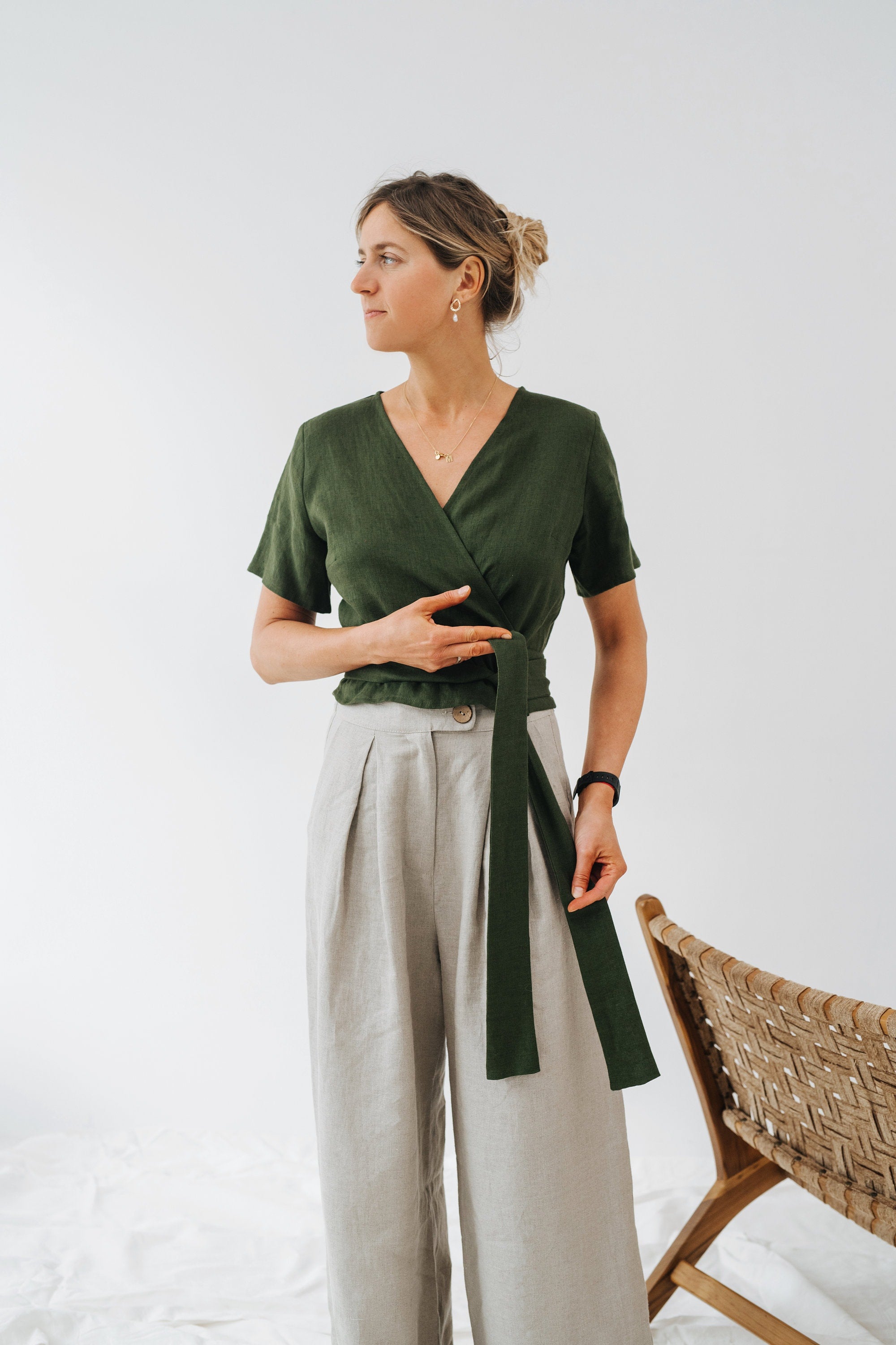 Elle Top - Wrap Linen Top - Summer Wrap Linen Top - Women Wrap Top - Green Linen Top - Short Sleeve Linen Top - Wedding Linen Blouse