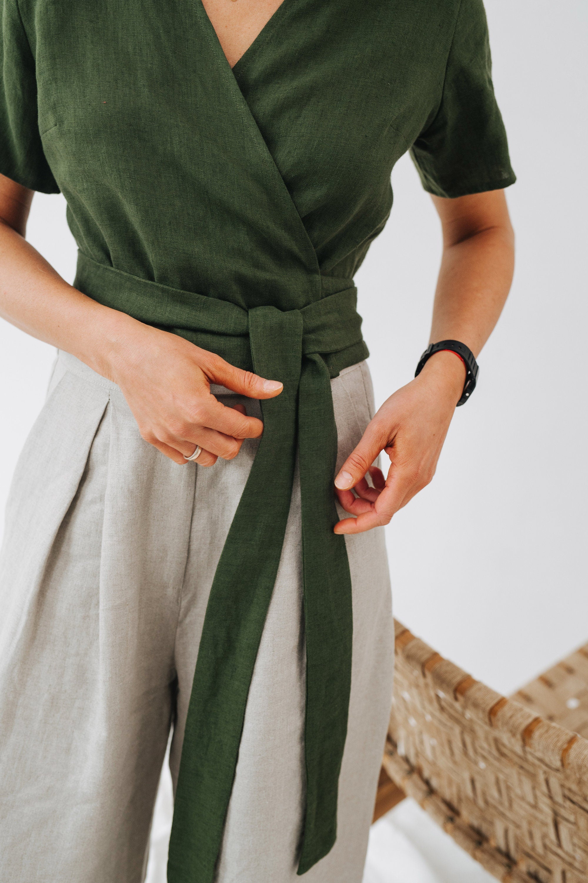 Elle Top - Wrap Linen Top - Summer Wrap Linen Top - Women Wrap Top - Green Linen Top - Short Sleeve Linen Top - Wedding Linen Blouse