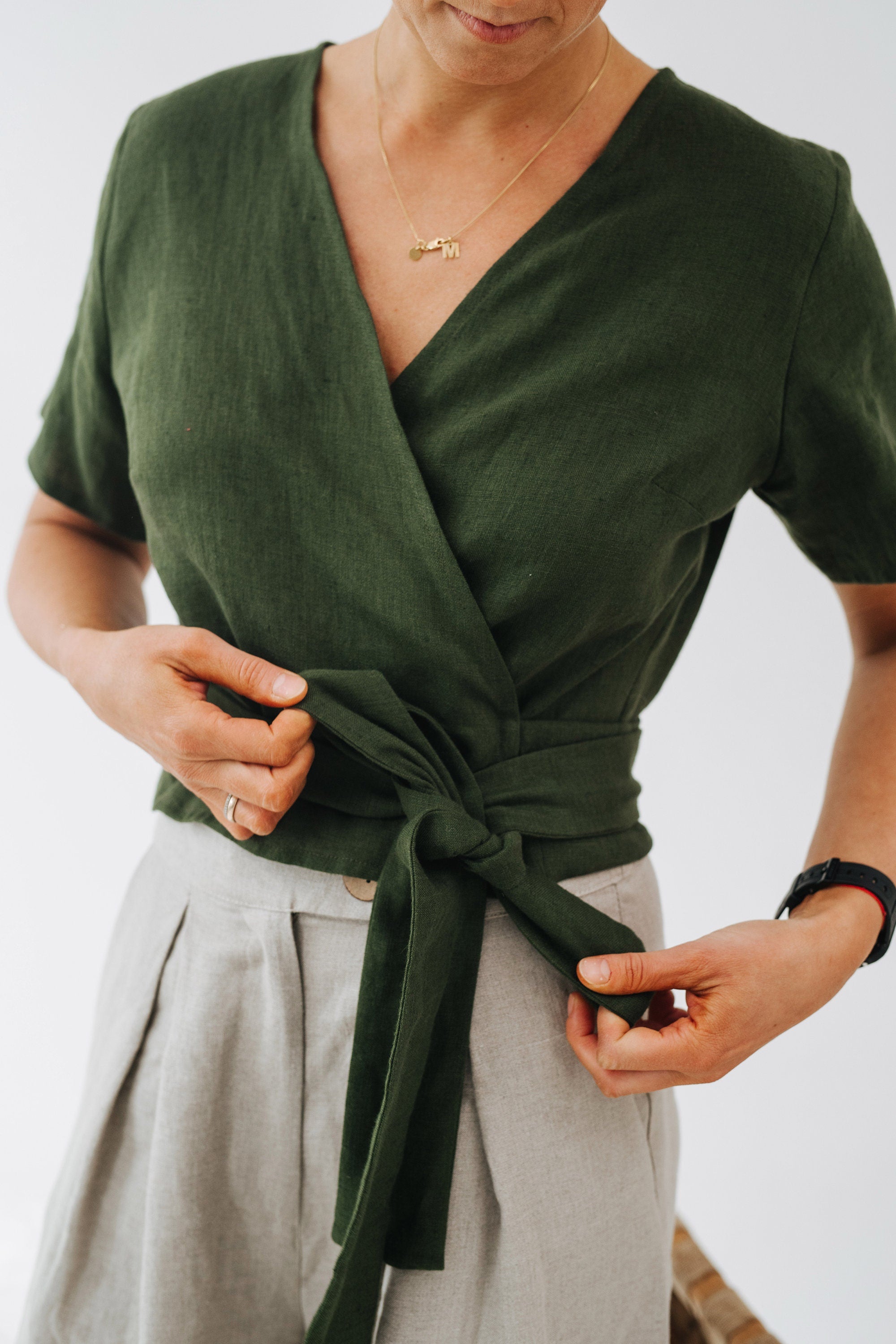 Elle Top - Wrap Linen Top - Summer Wrap Linen Top - Women Wrap Top - Green Linen Top - Short Sleeve Linen Top - Wedding Linen Blouse