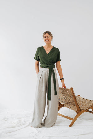 Elle Top - Wrap Linen Top - Summer Wrap Linen Top - Women Wrap Top - Green Linen Top - Short Sleeve Linen Top - Wedding Linen Blouse