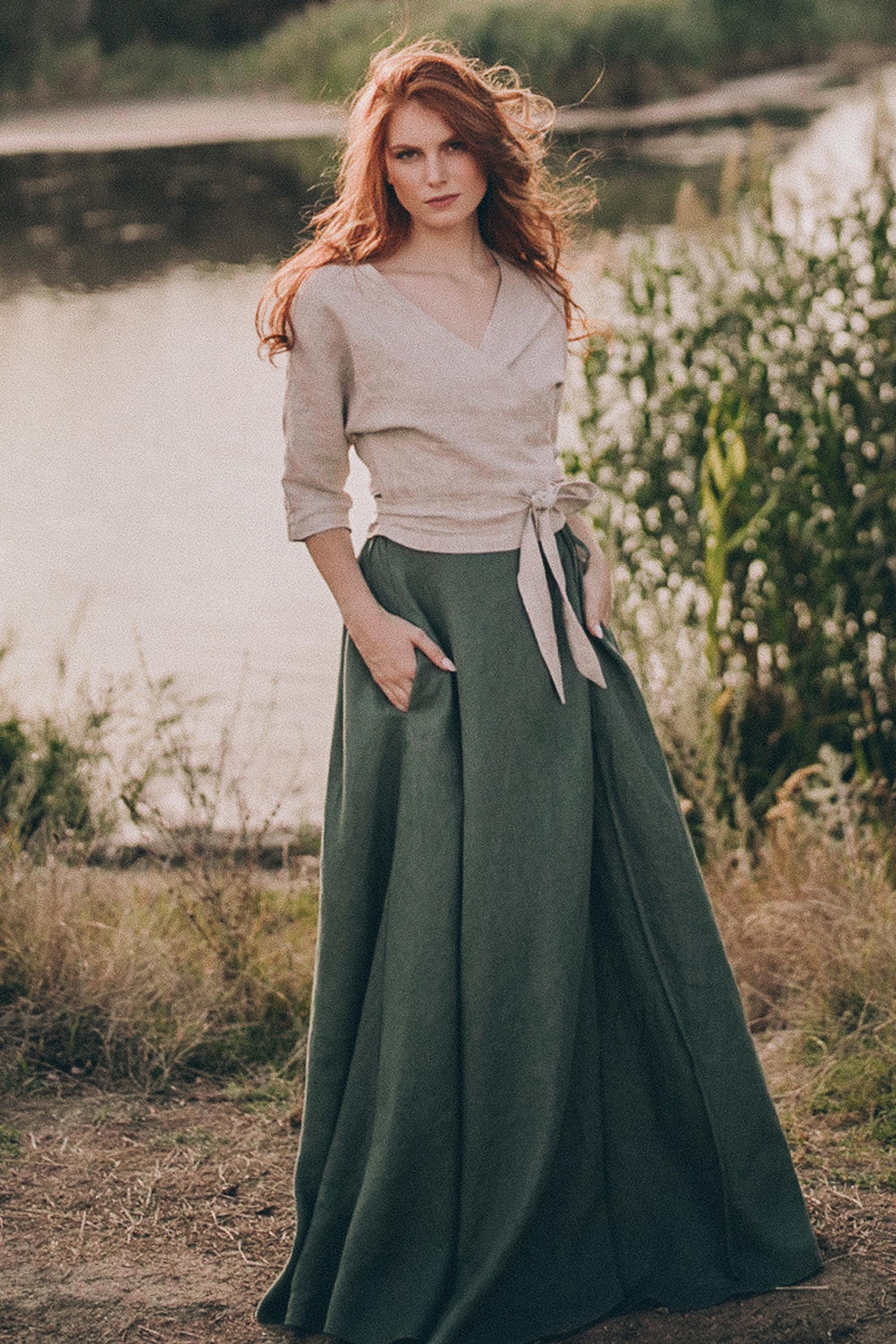 Heavy Weight Linen Skirt, Green Maxi Skirt, Linen Wrap Skirt, Long Linen Skirt, Spring Skirt, High Waist Skirt, 100% Linen Skirt, Long Skirt